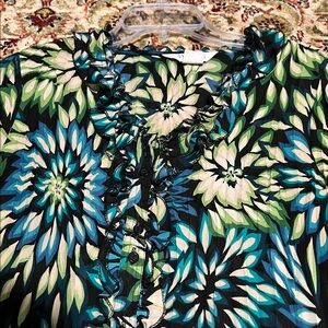 Allison Taylor Black Floral Ruffle-Front Blouse with Bell Sleeve Size Large Slim
